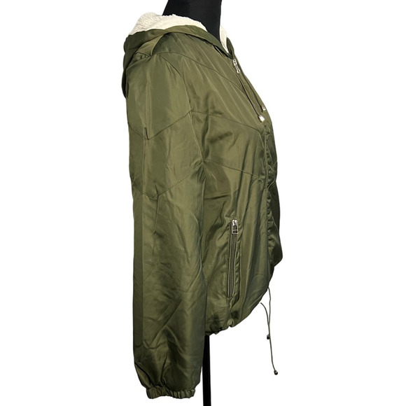 Delia's Army Green Satin Full Zip Front Jacket Size M Faux Fur Lined - Picture 2 of 6